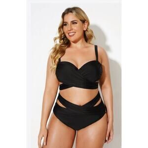Swimsuits For All Black Wrap Adjustable Straps Underwire Plus Size 2X Bikini Set